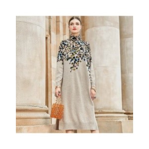 AIMEILI-Vestido holgado de manga larga con cuello alto para mujer, prenda elegante con estampado retro e informal para fiesta, o