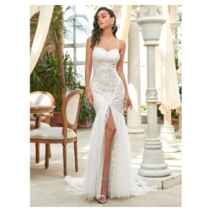 Vestido de novia elegante con escote Corazón y tirantes finos para mujer, vestido de novia con silueta de cola de pez de encaje,