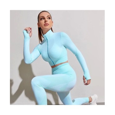 Conjunto de Yoga sin costuras para mujer, ropa deportiva de entrenamiento, gimnasio, Top corto de manga larga, Leggings de cintu