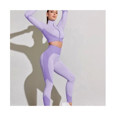 Conjunto de Yoga sin costuras para mujer, ropa deportiva de entrenamiento, gimnasio, Top corto de manga larga, Leggings de cintu