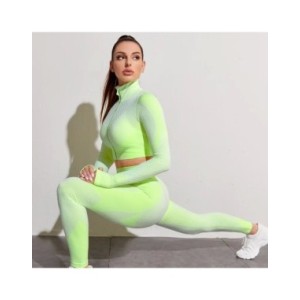 Conjunto de Yoga sin costuras para mujer, ropa deportiva de entrenamiento, gimnasio, Top corto de manga larga, Leggings de cintu