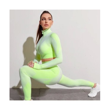 Conjunto de Yoga sin costuras para mujer, ropa deportiva de entrenamiento, gimnasio, Top corto de manga larga, Leggings de cintu