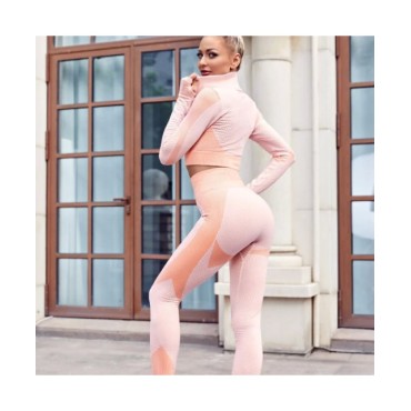 Conjunto de Yoga sin costuras para mujer, ropa deportiva de entrenamiento, gimnasio, Top corto de manga larga, Leggings de cintu