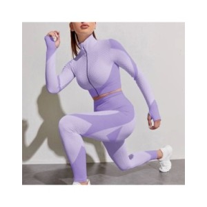 Conjunto de Yoga sin costuras para mujer, ropa deportiva de entrenamiento, gimnasio, Top corto de manga larga, Leggings de cintu