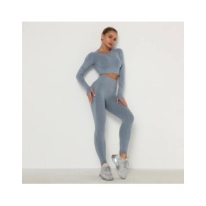Conjunto de Yoga sin costuras para mujer, ropa deportiva de entrenamiento, Top corto de manga larga, Leggings de cintura alta, t