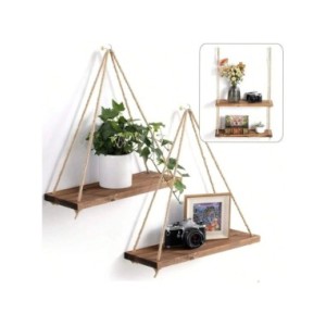 Estante de pared de cuerda de cáñamo colgante de columpio de madera, estante flotante montado en la sala de estar del hogar, ban