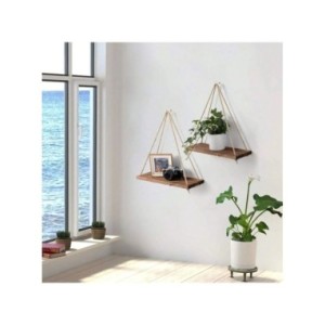 Estante de pared de cuerda de cáñamo colgante de columpio de madera, estante flotante montado en la sala de estar del hogar, ban