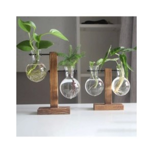 Macetero de escritorio de vidrio creativo, florero de bombilla, soporte de madera, contenedor de plantas hidropónicas, jarrones 