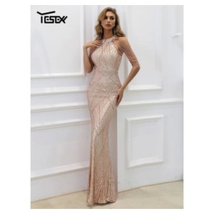 Yesexy-Vestido largo ajustado con lentejuelas para mujer, traje Sexy con cuello Halter y cuentas, elegante, para fiesta de veran