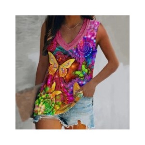 Camisetas sin mangas con estampado 3D de mariposa para mujer, ropa de calle de gran tamaño, chaleco con cuello en V, hombros des