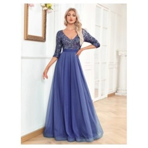 XUIBOL-Vestido largo de Noche Azul con lentejuelas para mujer, traje Formal de sirena de manga larga con cuello en V, para fiest