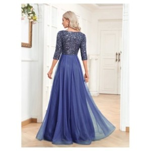 XUIBOL-Vestido largo de Noche Azul con lentejuelas para mujer, traje Formal de sirena de manga larga con cuello en V, para fiest