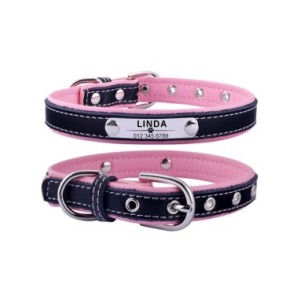 AiruiDog-Collar de cuero para perro, ajustable, personalizado, nombre de identificación para cachorro, grabado personalizado, XS