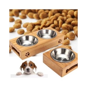 Cuenco de cerámica para perro y gato, cuenco de madera de bambú, doble, resistente al deslizamiento, para comida de perro pequeñ