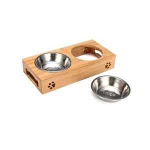 Cuenco de cerámica para perro y gato, cuenco de madera de bambú, doble, resistente al deslizamiento, para comida de perro pequeñ