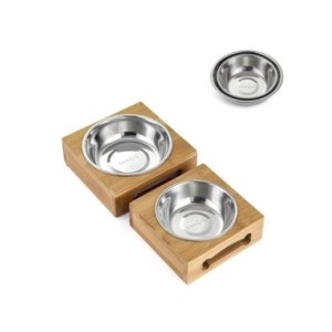 Cuenco de cerámica para perro y gato, cuenco de madera de bambú, doble, resistente al deslizamiento, para comida de perro pequeñ