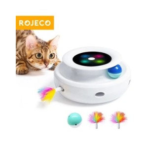 Robeco-juguetes inteligentes 2 en 1 para gato y perro, juego automático de plumas y bolas divertidas, 5 modos, accesorios intera