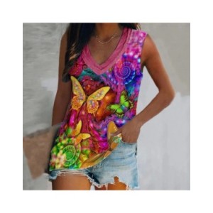 Camisetas sin mangas con estampado 3D de mariposa para mujer, ropa de calle de gran tamaño, chaleco con cuello en V, hombros des