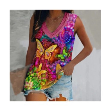 Camisetas sin mangas con estampado 3D de mariposa para mujer, ropa de calle de gran tamaño, chaleco con cuello en V, hombros des