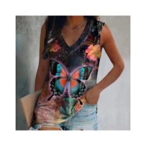 Camisetas sin mangas con estampado 3D de mariposa para mujer, ropa de calle de gran tamaño, chaleco con cuello en V, hombros des