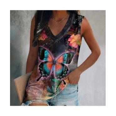Camisetas sin mangas con estampado 3D de mariposa para mujer, ropa de calle de gran tamaño, chaleco con cuello en V, hombros des