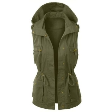 Chaleco militar sin mangas para mujer, chaqueta ligera con cordón, con capucha, abrigo informal cálido sin mangas para invierno