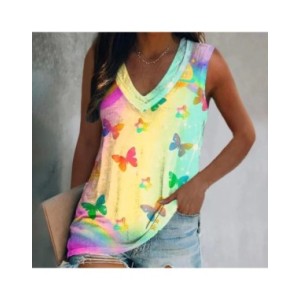 Camisetas sin mangas con estampado 3D de mariposa para mujer, ropa de calle de gran tamaño, chaleco con cuello en V, hombros des