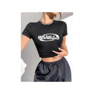 Camiseta elástica con estampado Vintage Y2K para mujer, Top corto ajustado acanalado de manga larga con cuello redondo, camiseta