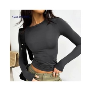 Camiseta corta Y2k de manga larga para mujer, jerseys ajustados con cuello redondo, Camiseta básica lisa, ropa de calle femenina