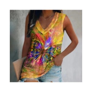 Camisetas sin mangas con estampado 3D de mariposa para mujer, ropa de calle de gran tamaño, chaleco con cuello en V, hombros des