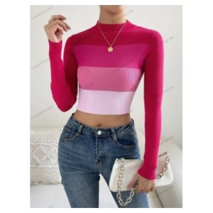 Suéter acanalado de manga larga para mujer, Jersey de punto con cuello alto, color block, primavera, 2024