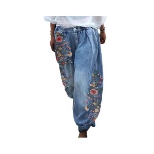 Pantalones de pierna ancha con patrón de flores para mujer, pantalones farol de pierna ancha, pantalones cómodos de cintura medi