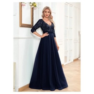 XUIBOL-Vestido largo de Noche Azul con lentejuelas para mujer, traje Formal de sirena de manga larga con cuello en V, para fiest