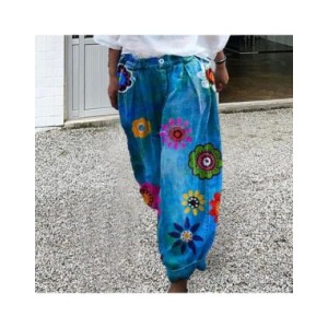 Pantalones de pierna ancha con patrón de flores para mujer, pantalones farol de pierna ancha, pantalones cómodos de cintura medi