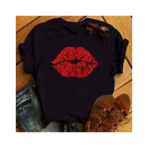 Maycaur-camisetas con estampado de labios rojos para mujer, blusas informales de manga corta con cuello redondo, Tops de verano