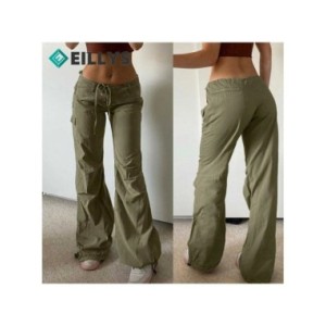Pantalones Cargo de tiro bajo para mujer, ropa de calle holgada de pierna ancha, color verde militar, Estilo Vintage, Harajuku, 