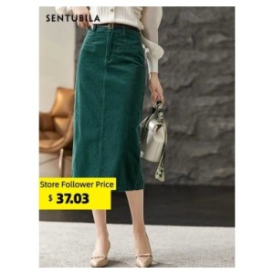 Sentubila-Falda Midi de pana para mujer, Falda de tubo con abertura de cintura alta, color verde oscuro, 2023