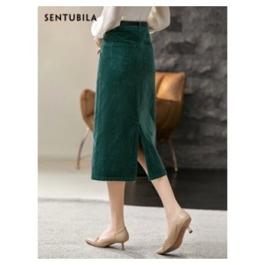 Sentubila-Falda Midi de pana para mujer, Falda de tubo con abertura de cintura alta, color verde oscuro, 2023