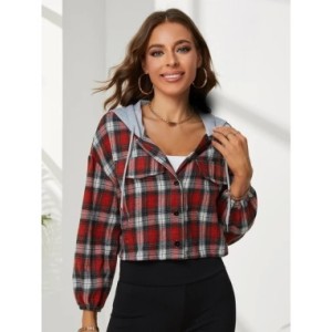 Camisa corta a cuadros Retro para mujer, cárdigan informal de manga larga con capucha, blusa fina, Tops cortos, nuevo estilo