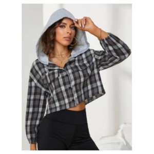 Camisa corta a cuadros Retro para mujer, cárdigan informal de manga larga con capucha, blusa fina, Tops cortos, nuevo estilo