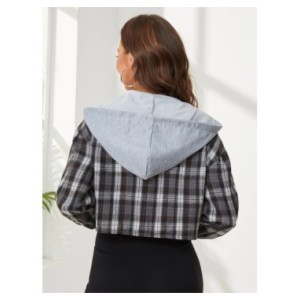 Camisa corta a cuadros Retro para mujer, cárdigan informal de manga larga con capucha, blusa fina, Tops cortos, nuevo estilo