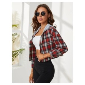 Camisa corta a cuadros Retro para mujer, cárdigan informal de manga larga con capucha, blusa fina, Tops cortos, nuevo estilo