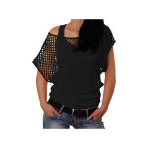 Camiseta de malla de rejilla para mujer, camisa Sexy con hombros descubiertos, Tops de manga corta de Color sólido, blusas calad
