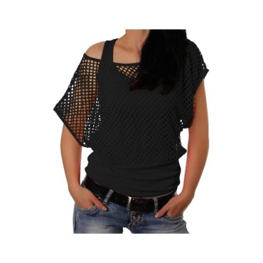 Camiseta de malla de rejilla para mujer, camisa Sexy con hombros descubiertos, Tops de manga corta de Color sólido, blusas calad