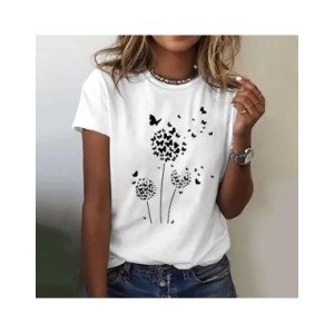 Camiseta con estampado de diente de león para mujer, Top de cuello redondo, camisetas de manga corta, blusas para mujer, ropa de