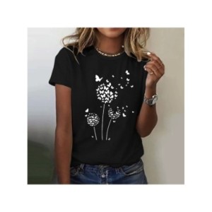 Camiseta con estampado de diente de león para mujer, Top de cuello redondo, camisetas de manga corta, blusas para mujer, ropa de
