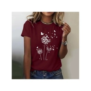 Camiseta con estampado de diente de león para mujer, Top de cuello redondo, camisetas de manga corta, blusas para mujer, ropa de