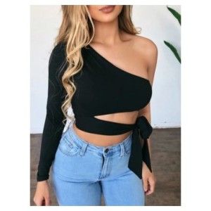 Camiseta ajustada de manga larga para mujer, top de un hombro con lazo, camiseta lisa elástica con hombros descubiertos, top cor