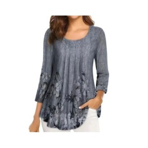 Blusa plisada de doble capa con estampado Floral para mujer, camisa de cuello redondo, ajustada, mangas 3/4