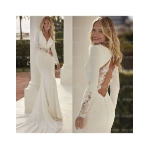 Vestidos De Novia De manga larga para mujer, traje De sirena con escote en V, Espalda descubierta, satén, 2024